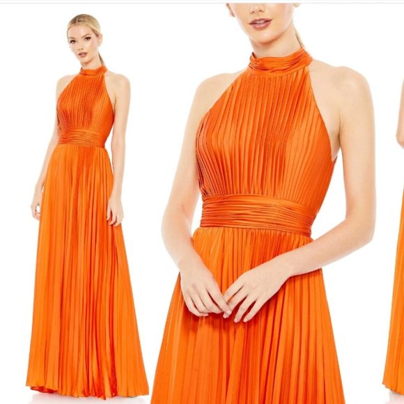 MAC DUGGAL 26992 PLEATED SLEEVELESS HALTER SUNSET ORANGE GOWN sz 10 - Picture 1 of 6